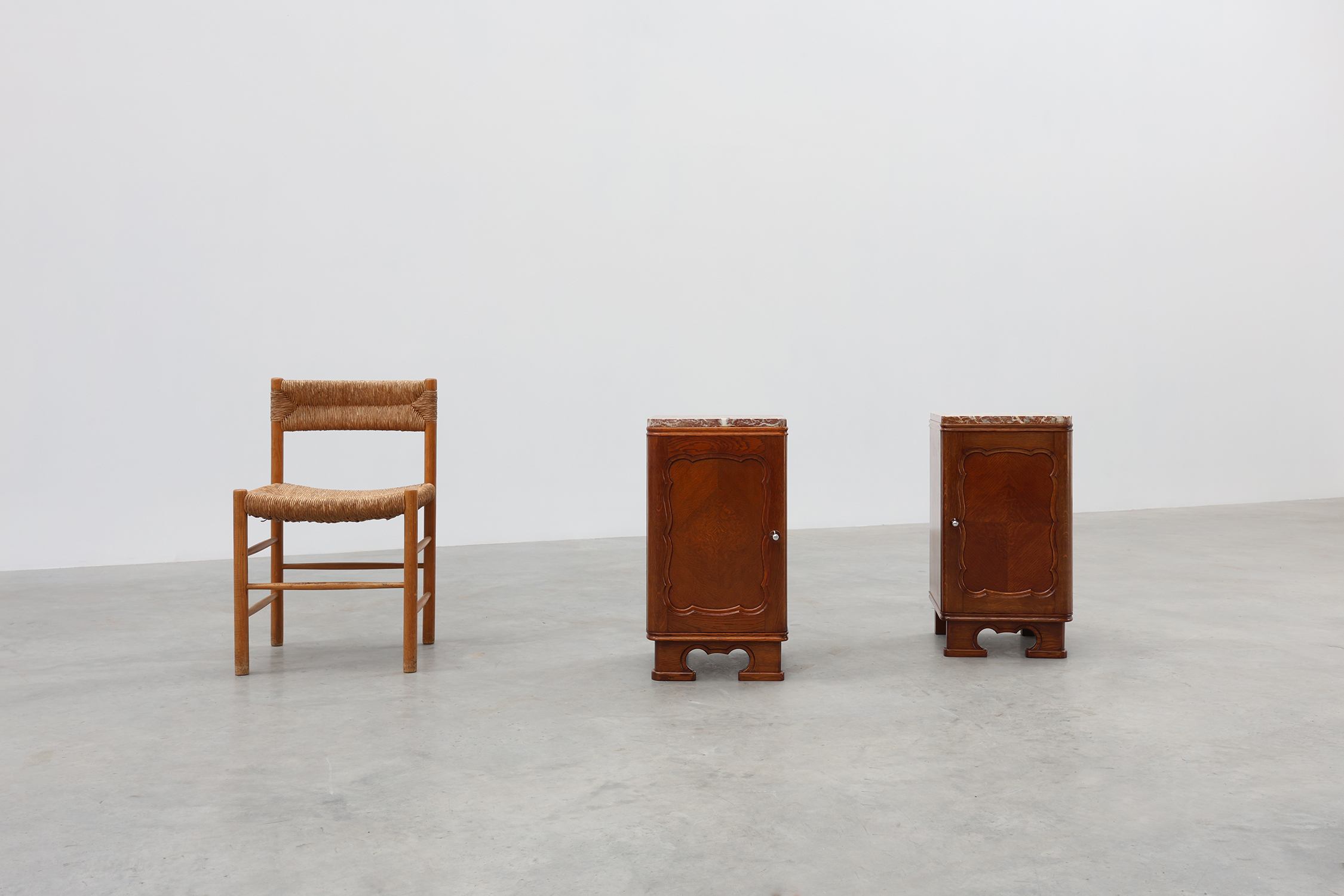 Pair of Art Deco nightstands in oak with marble top, France ca. 1925thumbnail